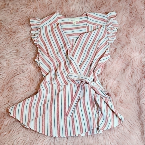 Monteau Tops - 2for$10 Pink blouse with blue white stripes Size Large Feminine boho Sexy